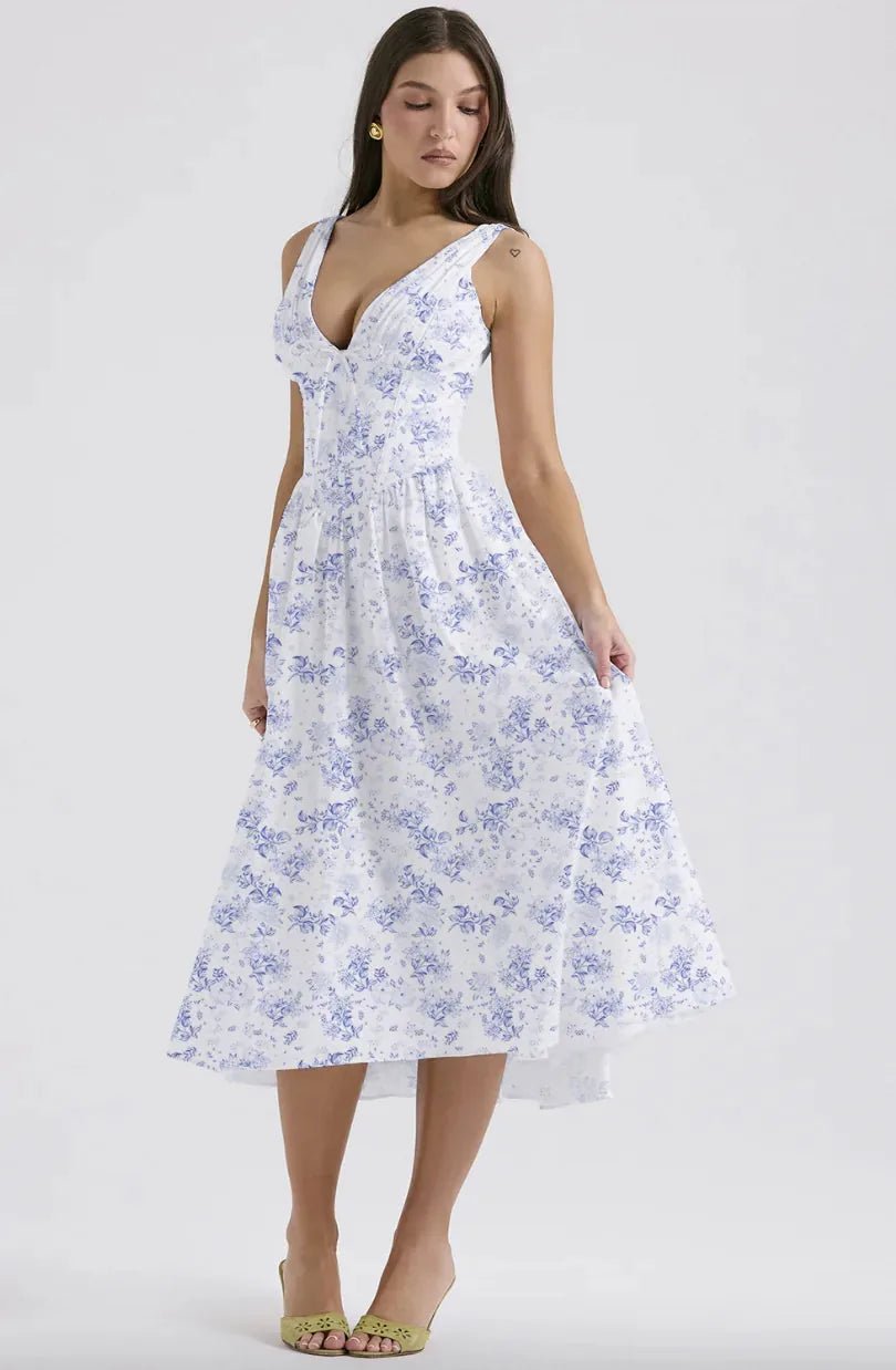 Beatrice | Floral V - Neck Wedding Guest Midi Dress - Blue - 3