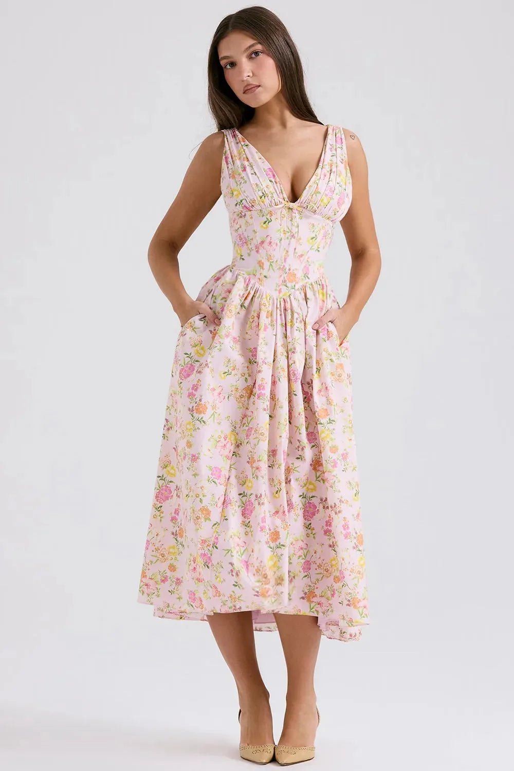 Beatrice | Floral V - Neck Wedding Guest Midi Dress - Pink - 2