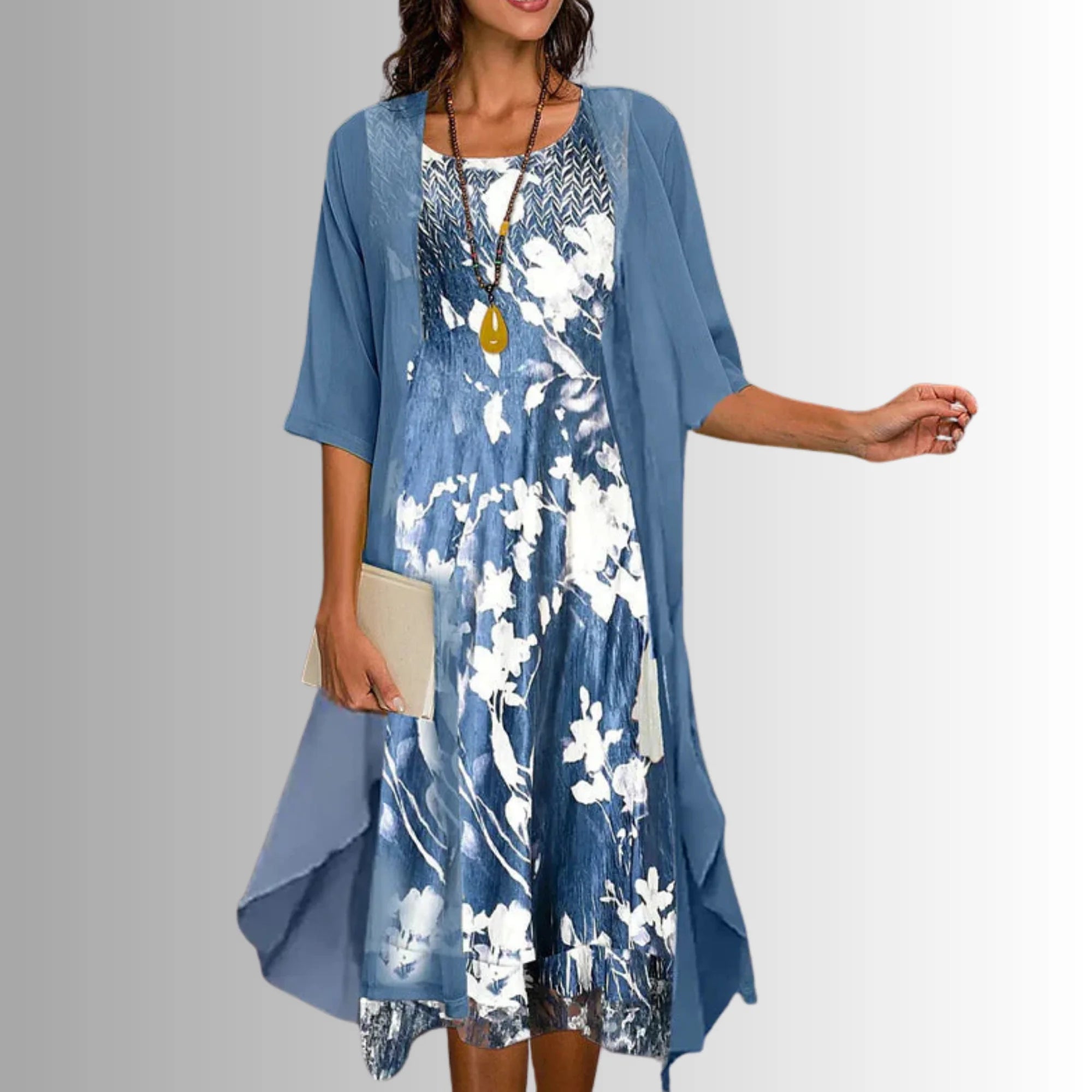 Blue Elegant Women's Two Piece Summer Set with Flowy Blouse - Front Pose