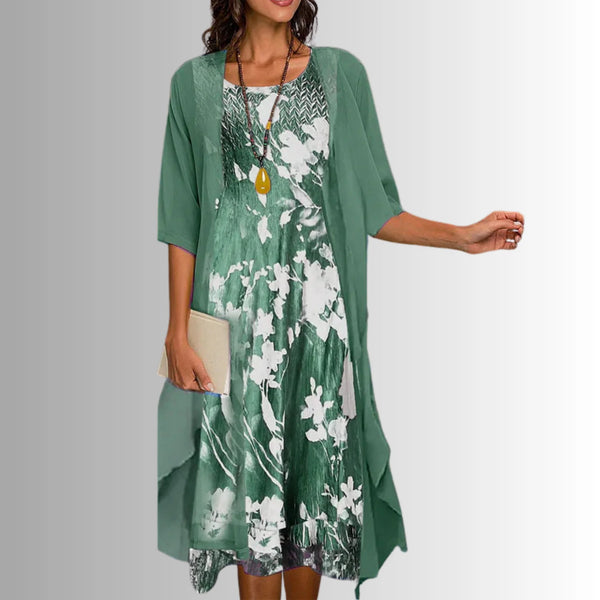 Green Elegant Women's Two Piece Summer Set with Flowy Blouse - Front Full
