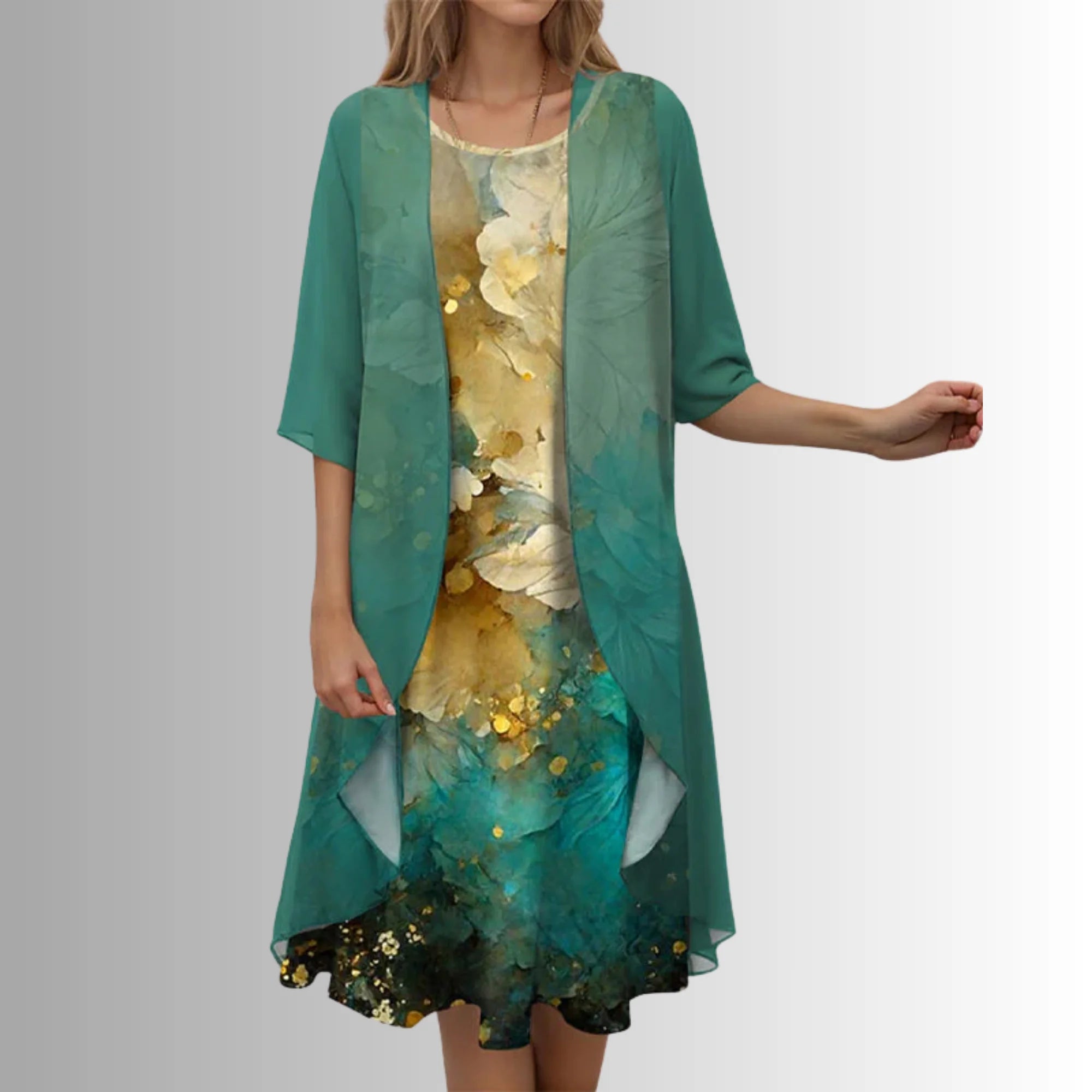 Turquoise Elegant Women's Two Piece Summer Set with Flowy Blouse - Front Display