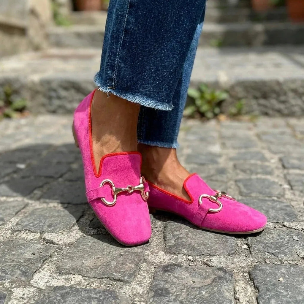 Deep Women's Fluorescent Loafer — Philomena Metal Detail Slip-On - Pink Side Pose