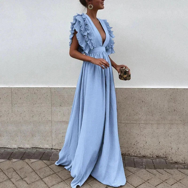 Blue Women's Flutter Sleeve Flowy Maxi Dress — Catherine Ruffle Deep V-Neck - Front Full
