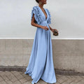 Women's Flutter Sleeve Flowy Maxi Dress — Catherine Ruffle Deep V-Neck