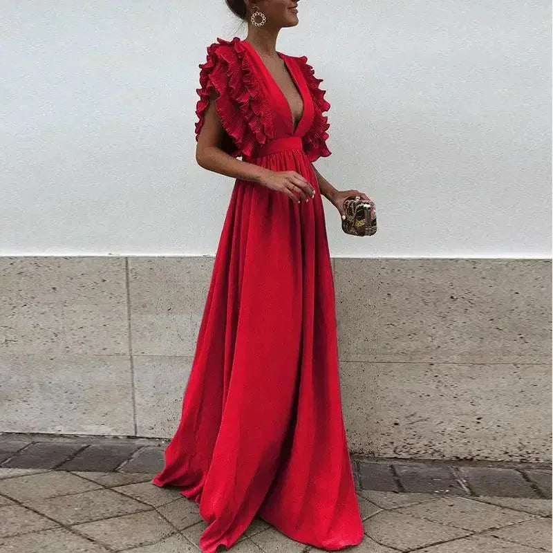 Red Women's Flutter Sleeve Flowy Maxi Dress — Catherine Ruffle Deep V-Neck - Three Quarter View