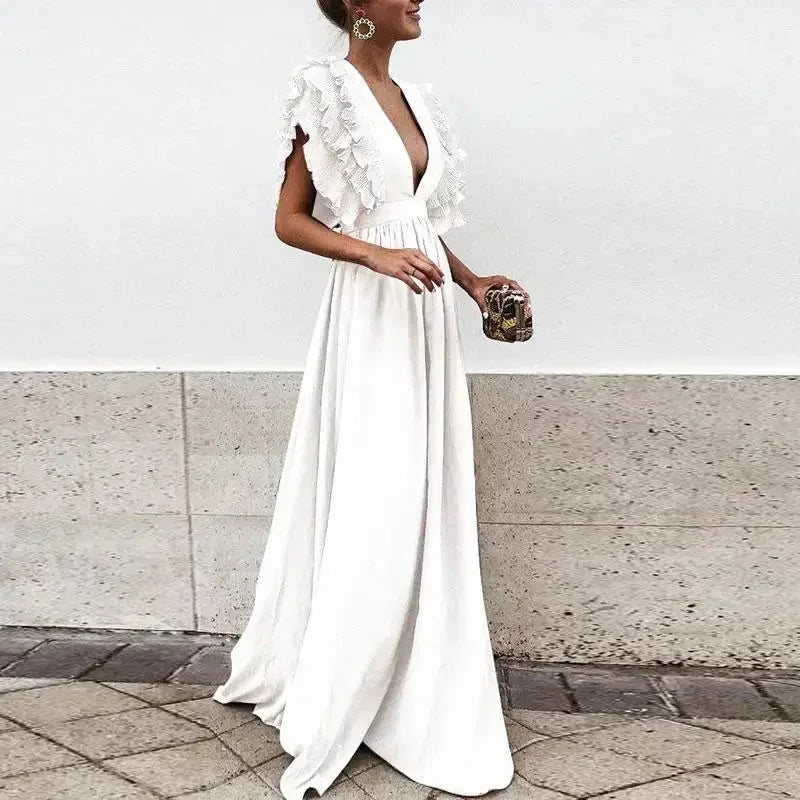 White Women's Flutter Sleeve Flowy Maxi Dress — Catherine Ruffle Deep V-Neck - Front Studio