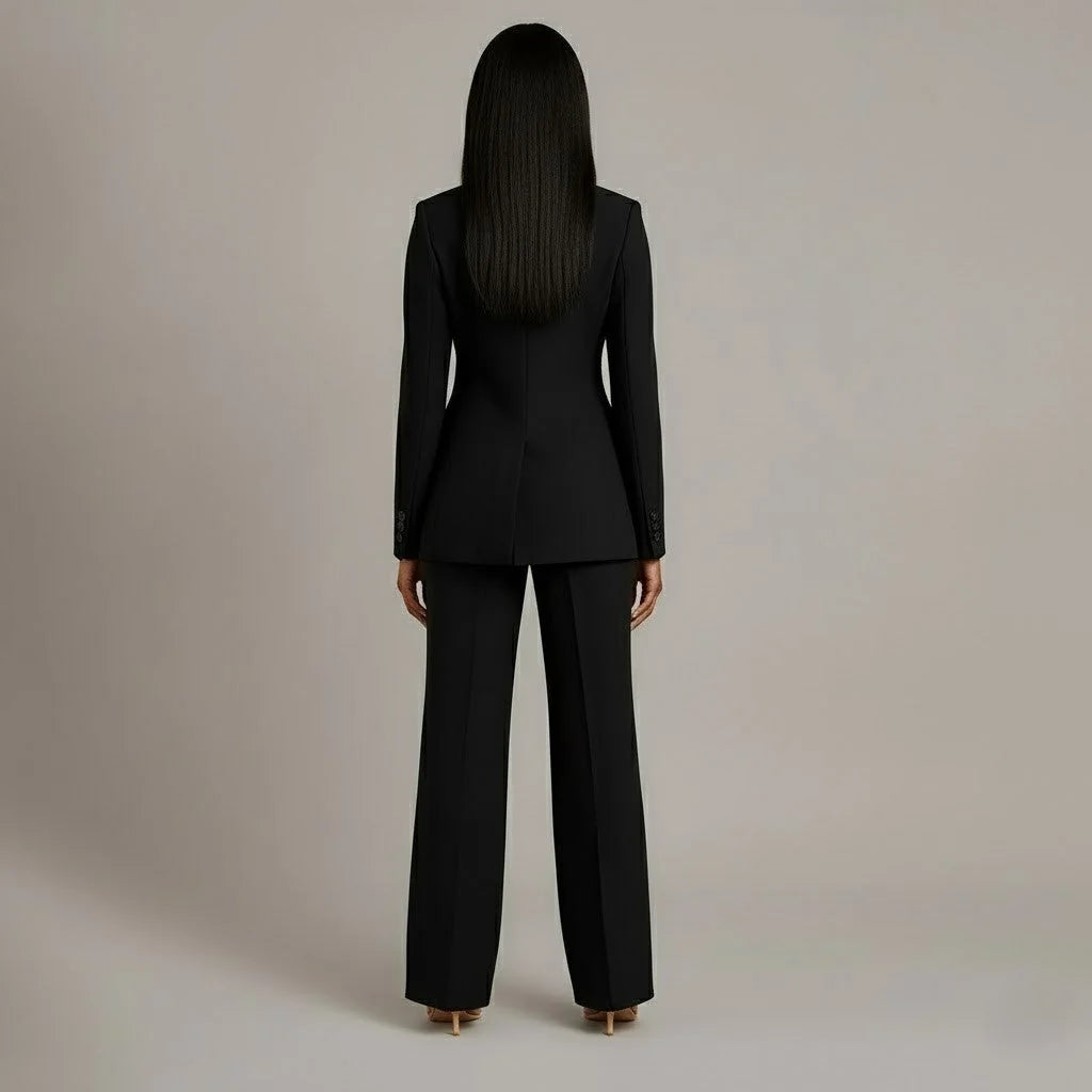 Black Women's Formal Suit Set — Miranda Deep V-Neck Tailored - Back Detail