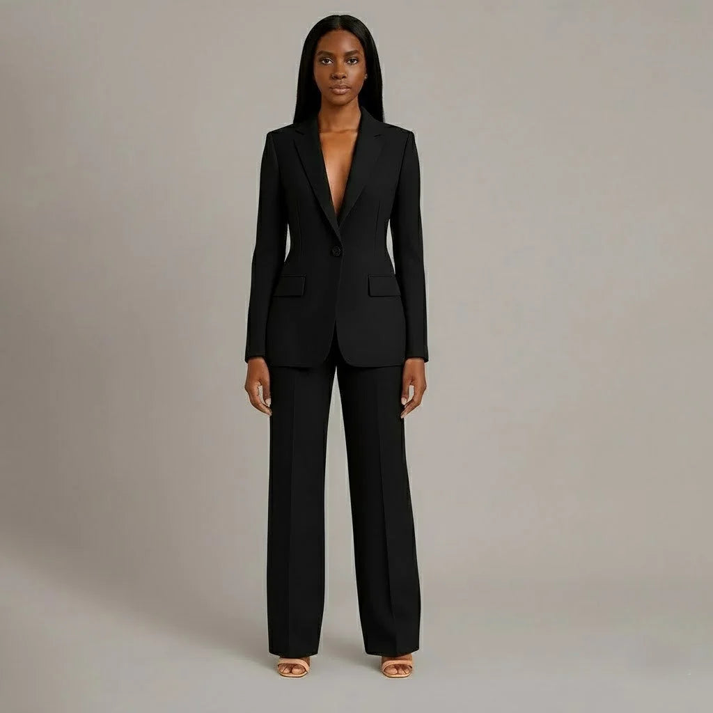 Black Women's Formal Suit Set — Miranda Deep V-Neck Tailored - Front Pose