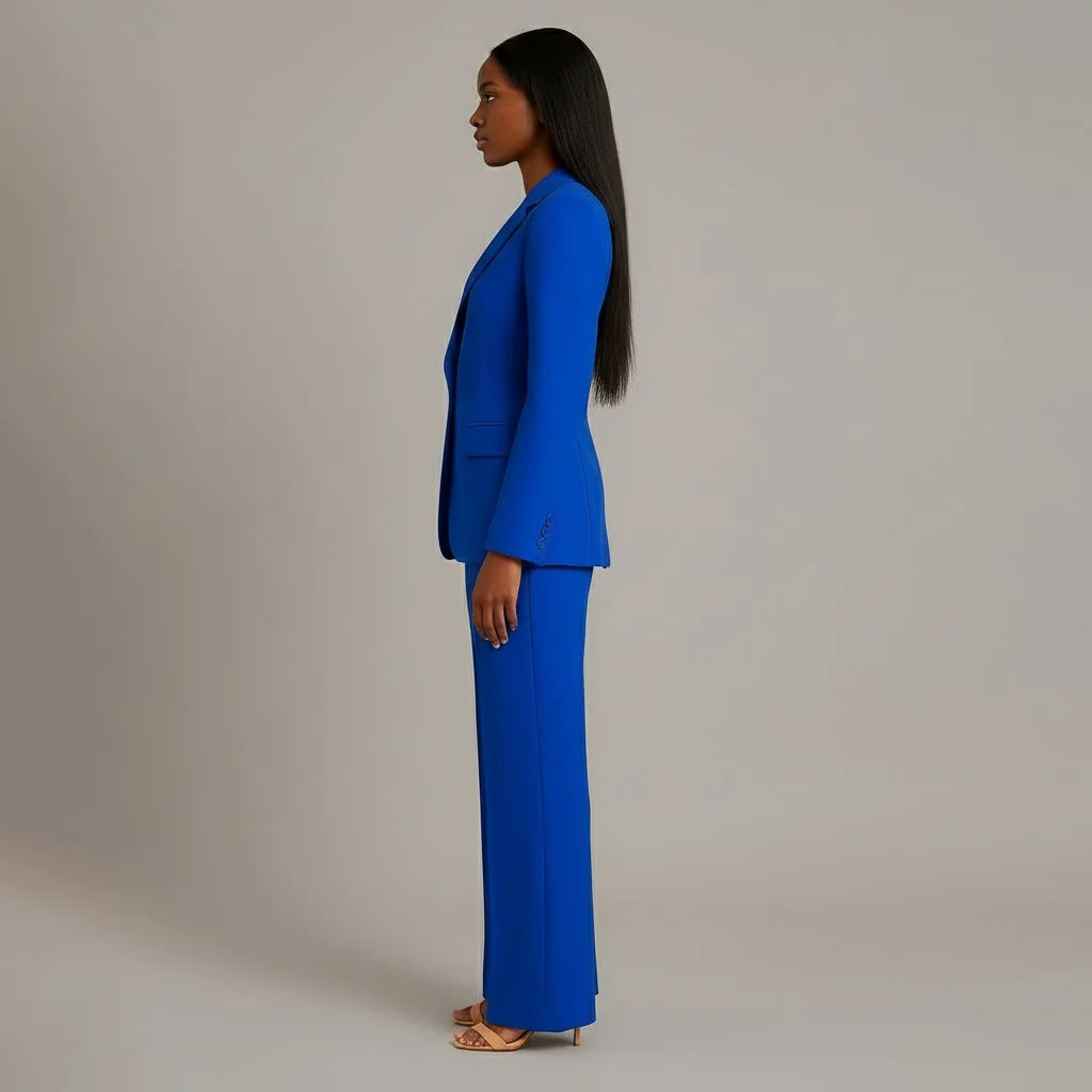 Blue Women's Formal Suit Set — Miranda Deep V-Neck Tailored - Side Pose
