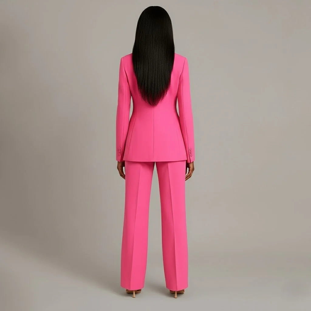 Pink Women's Formal Suit Set — Miranda Deep V-Neck Tailored - Back View