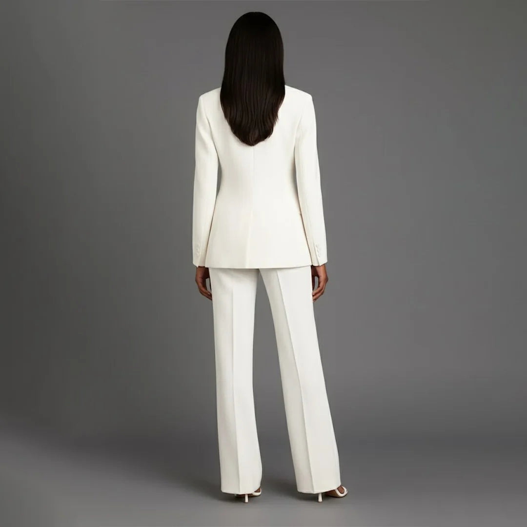 White Women's Formal Suit Set — Miranda Deep V-Neck Tailored - Back Full