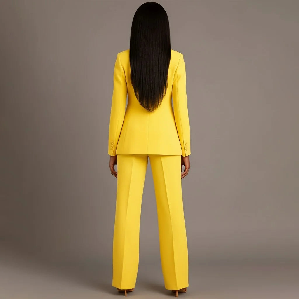 Yellow Women's Formal Suit Set — Miranda Deep V-Neck Tailored - Back Pose