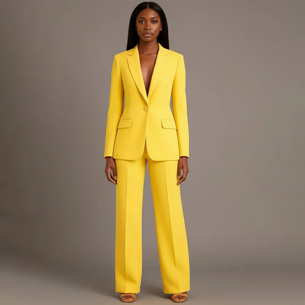Yellow Women's Formal Suit Set — Miranda Deep V-Neck Tailored - Front Standing