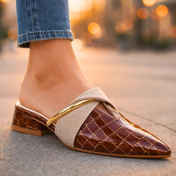 Adrian | Men's Gator Slip On Mules with Gold Accent - Brown - 1