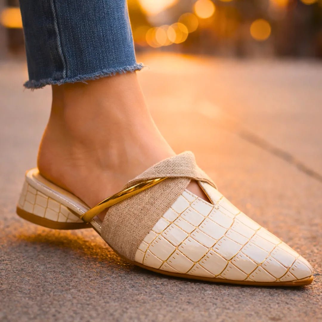 Adrian | Men's Gator Slip On Mules with Gold Accent - Cream - 3