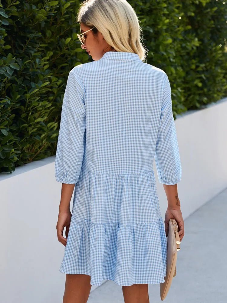 Harriet | Chic Gingham Tiered Mini Shirt Dress With Button Front - Light Blue - 3