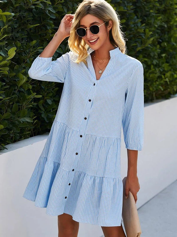 Harriet | Chic Gingham Tiered Mini Shirt Dress With Button Front - Light Blue - 1