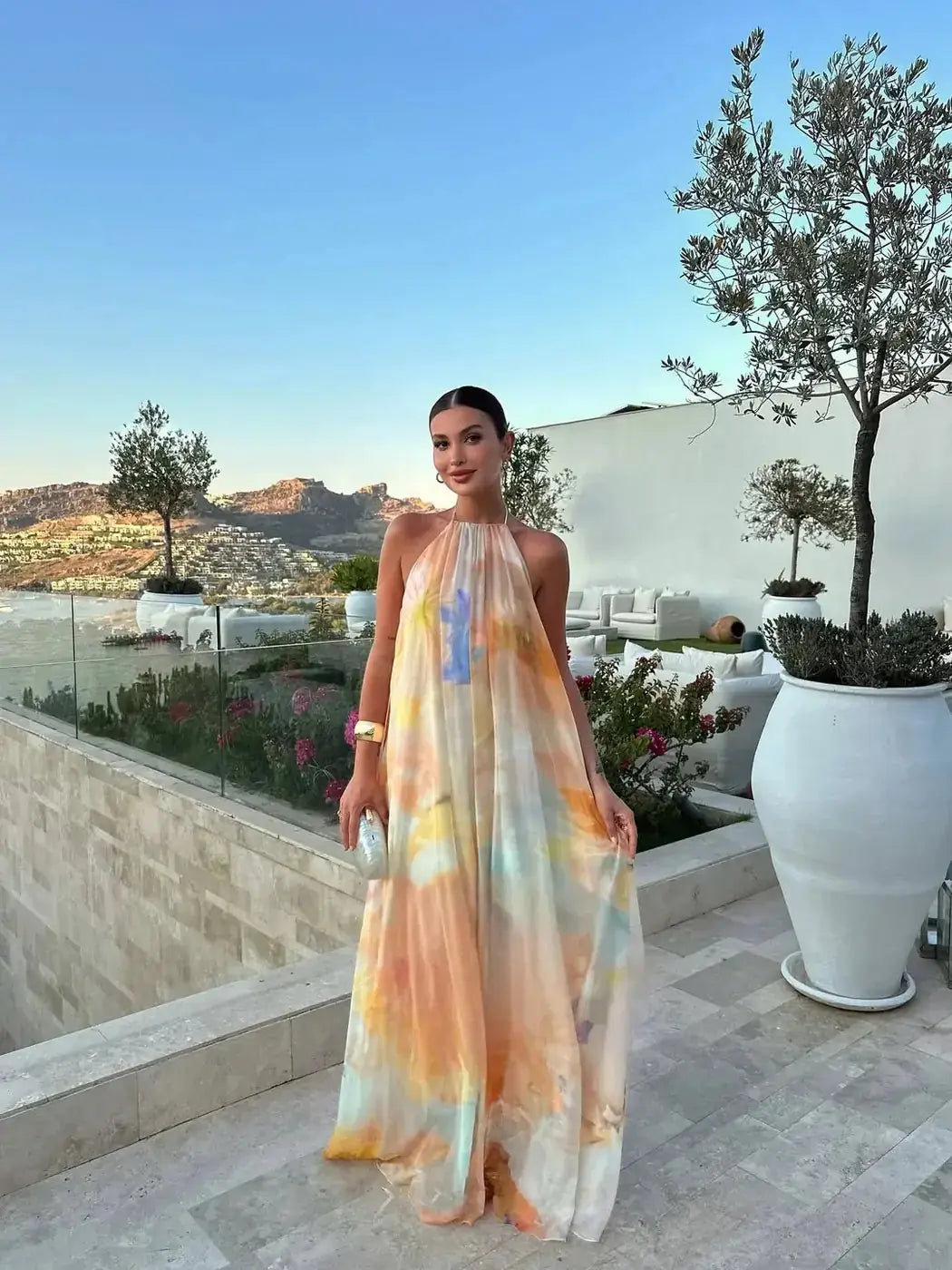Multicolor Women's Printed Halter Maxi Dress — Pippa Backless Tie Dye - Front Full