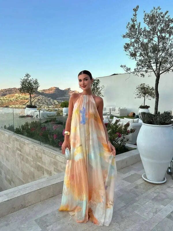 Multicolor Women's Printed Halter Maxi Dress — Pippa Backless Tie Dye - Front Full
