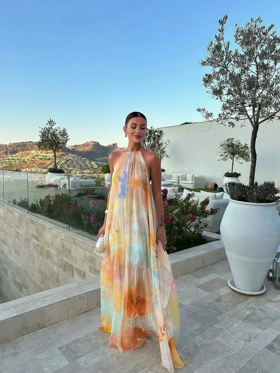 Multicolor Women's Printed Halter Maxi Dress — Pippa Backless Tie Dye - Front Pose