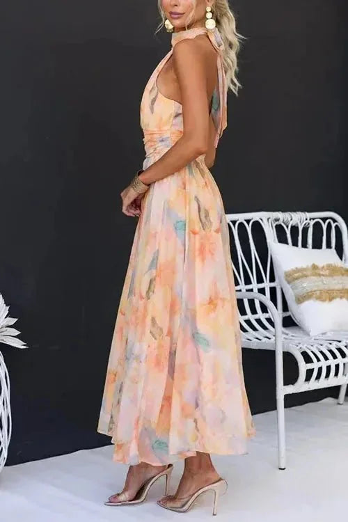 Floral Women's Floral Halter Wedding Guest Dress — Delilah Backless Midi - Side Full