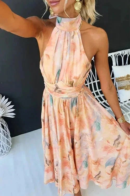 Floral Women's Floral Halter Wedding Guest Dress — Delilah Backless Midi - Side Pose