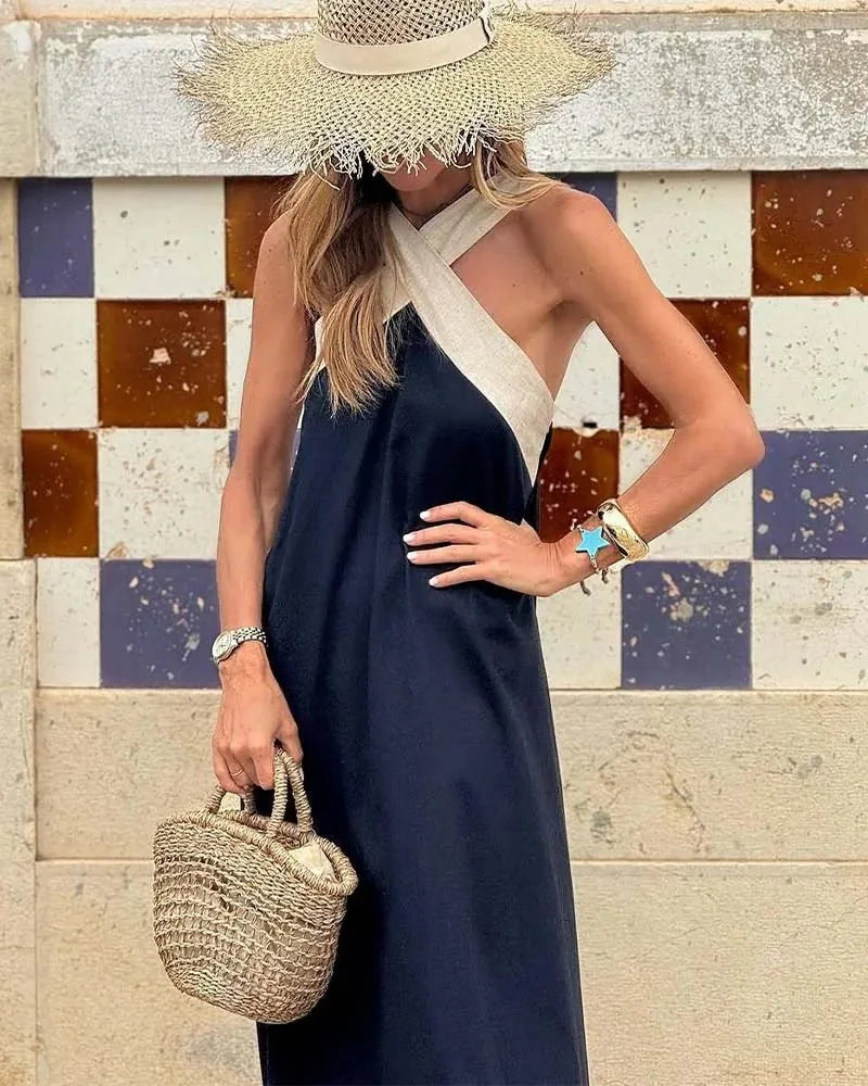 Navy Blue Women's Halter Crossover Backless Dress — May Sleeveless Maxi - Front Outdoor