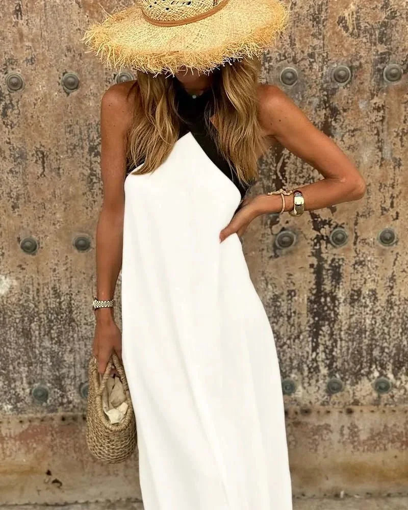 White Women's Halter Crossover Backless Dress — May Sleeveless Maxi - Front Detail