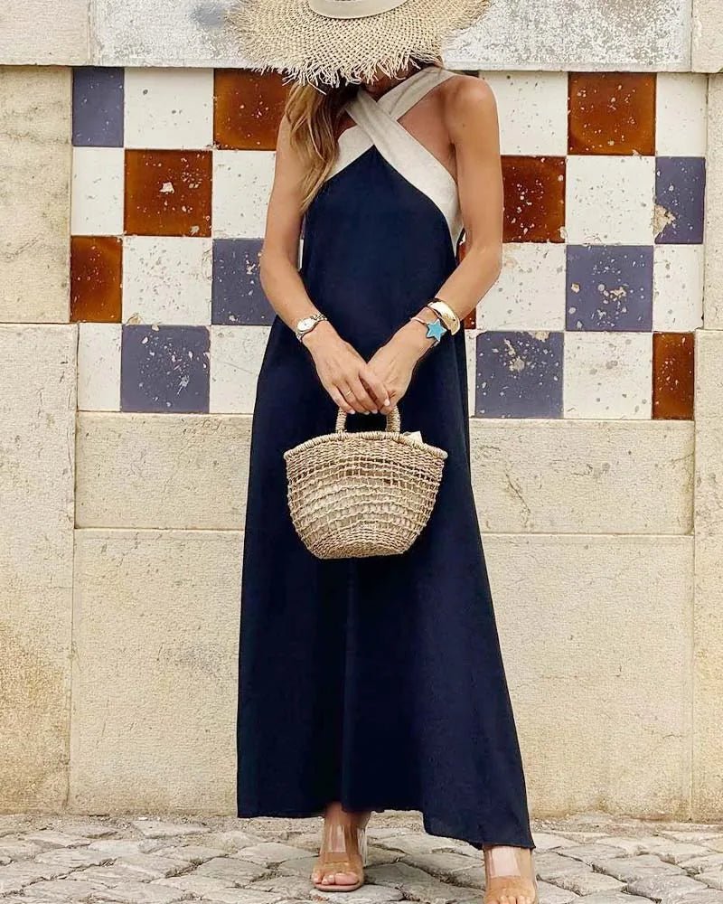 Scarlett | Elegant Halter Crossover Maxi Dress With Backless Design - Navy Blue - 11