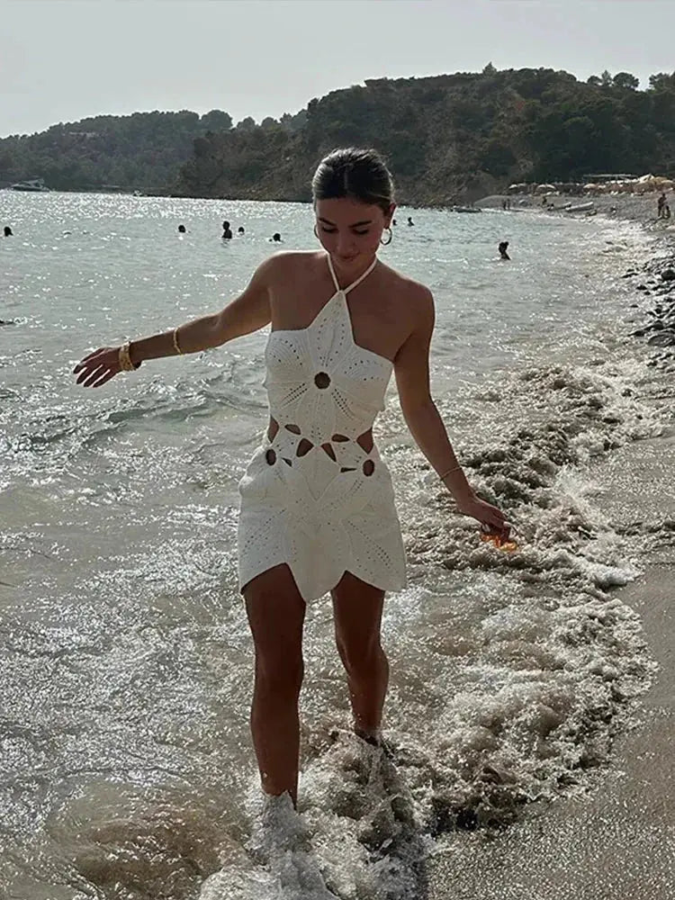 White Women's Halter Cutout Crochet Boho Dress — Tara Mini Backless - Beach Lifestyle