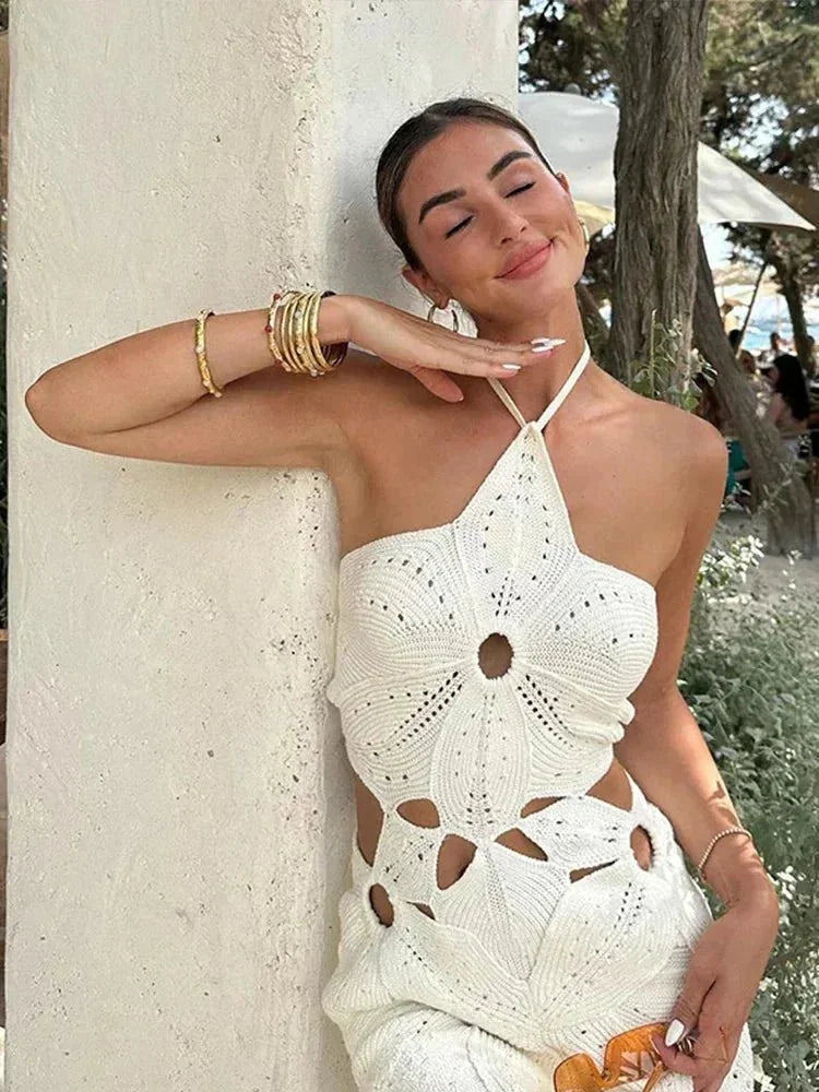 White Women's Halter Cutout Crochet Boho Dress — Tara Mini Backless - Side Pose