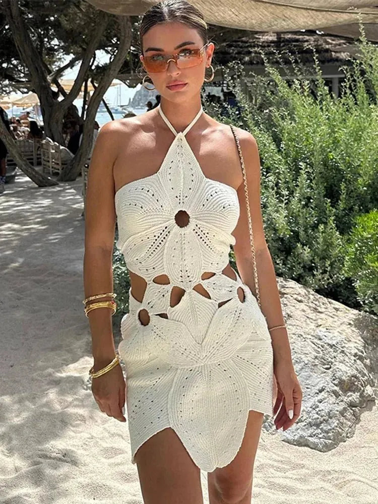 White Women's Halter Cutout Mini Dress — Eva Crochet Open Back - Front Pose