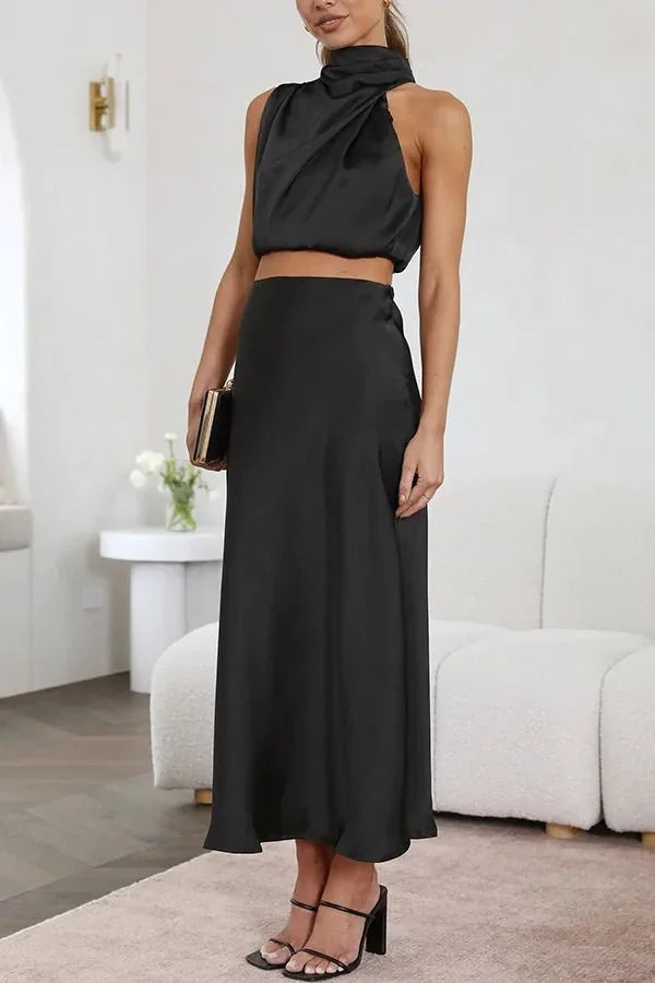 Black Women's Halter Midi Dress — Irina Two-Piece Sleek - Front Indoor