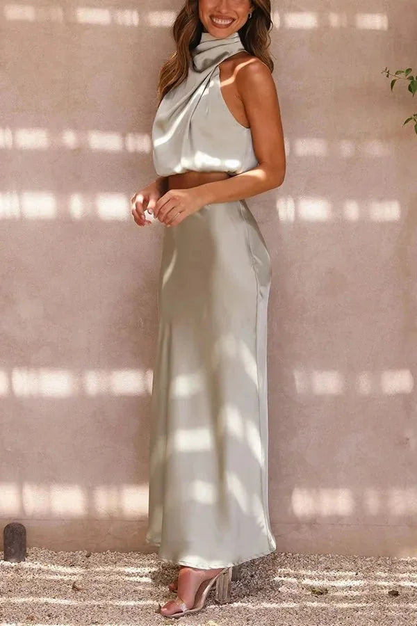 Light Gray Women's Halter Midi Dress — Irina Two-Piece Sleek - Three Quarter