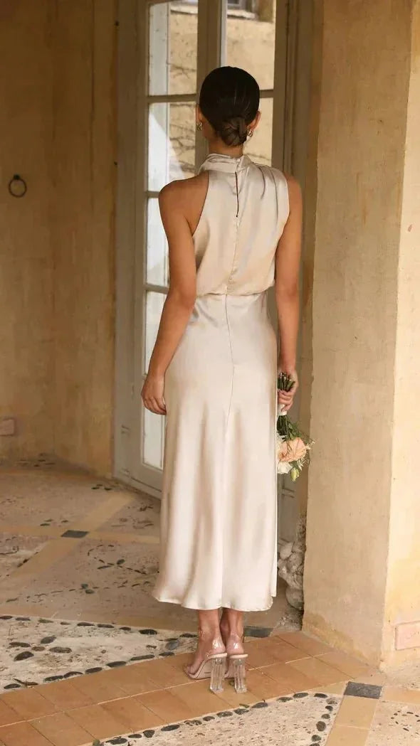Beige Women's Halter Neck Midi Dress — Clara Elegant Slip Satin - Back Detail