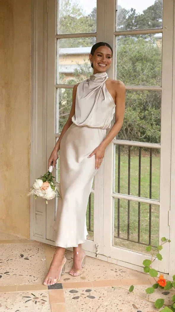 Cream Women's Halter Neck Midi Dress — Caroline Sleeveless Elegant Wedding Guest - Front Full