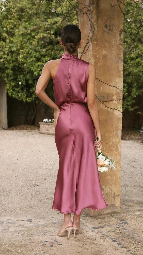 Hot Pink Women's Halter Neck Midi Dress — Caroline Sleeveless Elegant Wedding Guest - Outdoor Back