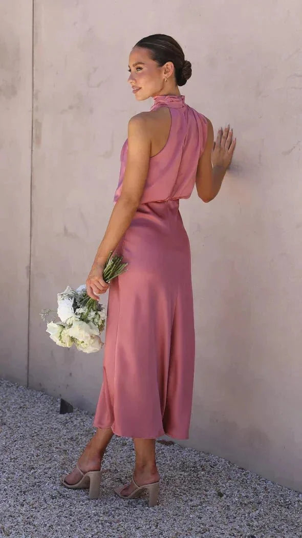 Hot Pink Women's Halter Neck Midi Dress — Caroline Sleeveless Elegant Wedding Guest - Side Detail