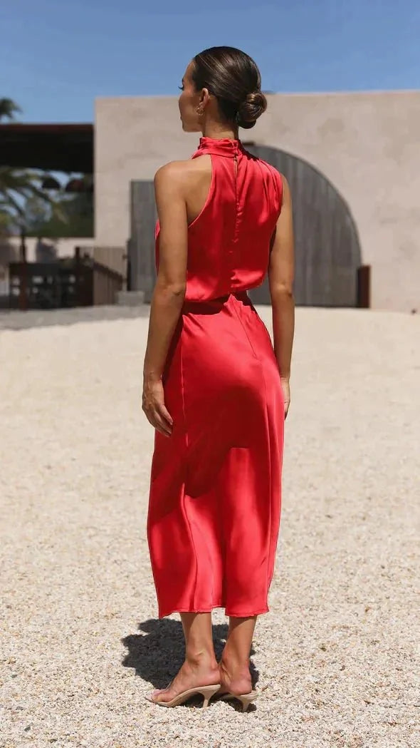 Red Women's Halter Neck Midi Dress — Caroline Sleeveless Elegant Wedding Guest - Courtyard Back