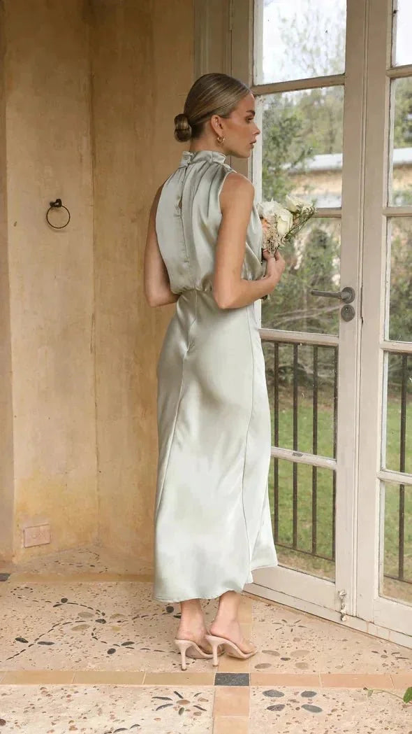 Light Green Women's Halter Neck Satin Midi Dress — Vivienne Draped Elegant Evening - Side View