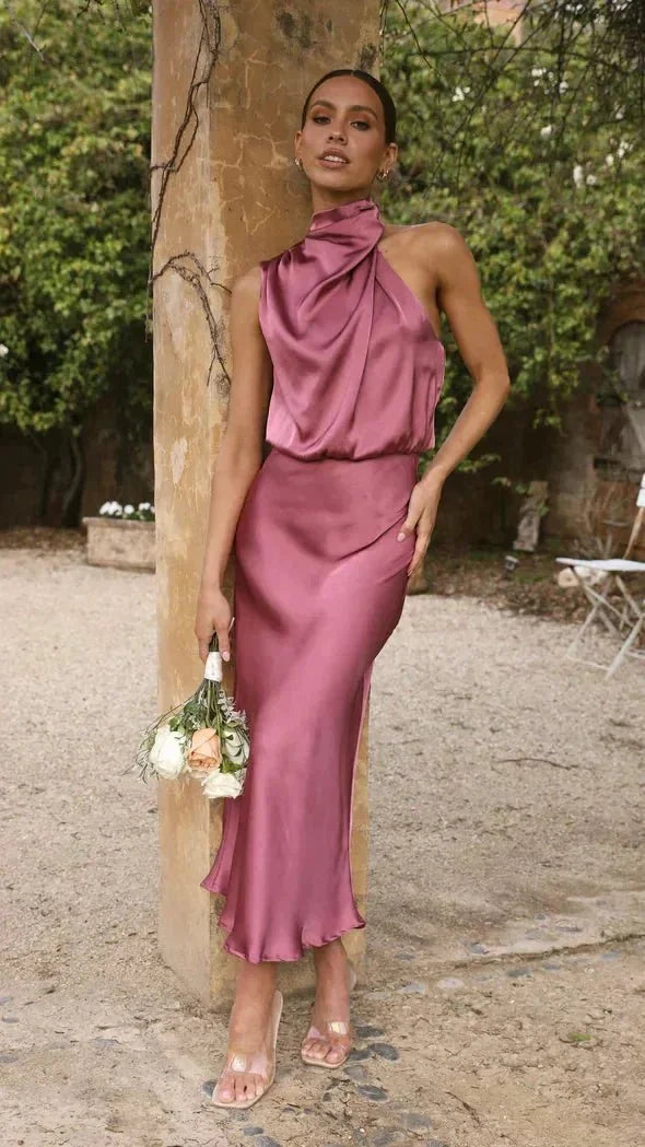 Pink Women's Halter Neck Satin Midi Dress — Vivienne Draped Elegant Evening - Front Full Outdoor