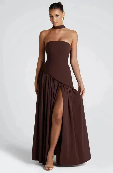 Brown Women's Halter Neck Strapless Maxi Dress — Brielle Elegant Drape Detail - Front Standing
