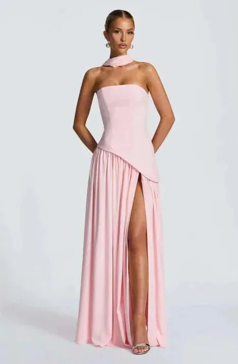Light Pink Women's Halter Neck Strapless Maxi Dress — Brielle Elegant Drape Detail - Front Pose