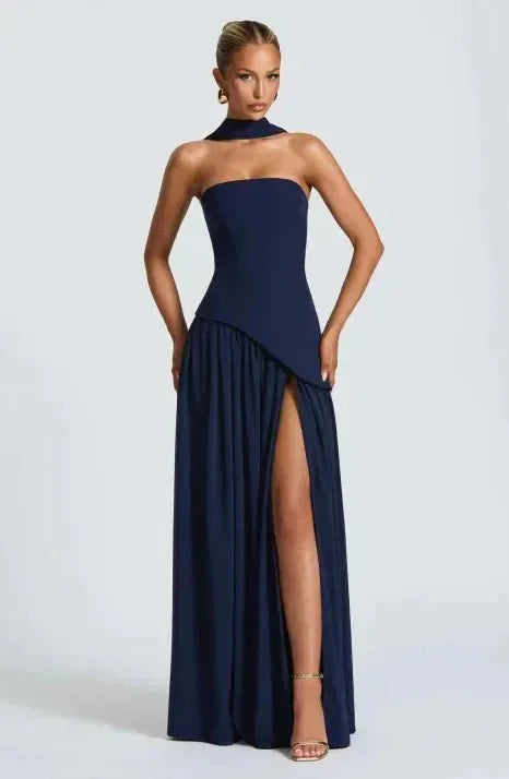 Navy Blue Women's Halter Neck Strapless Maxi Dress — Brielle Elegant Drape Detail - Model Pose