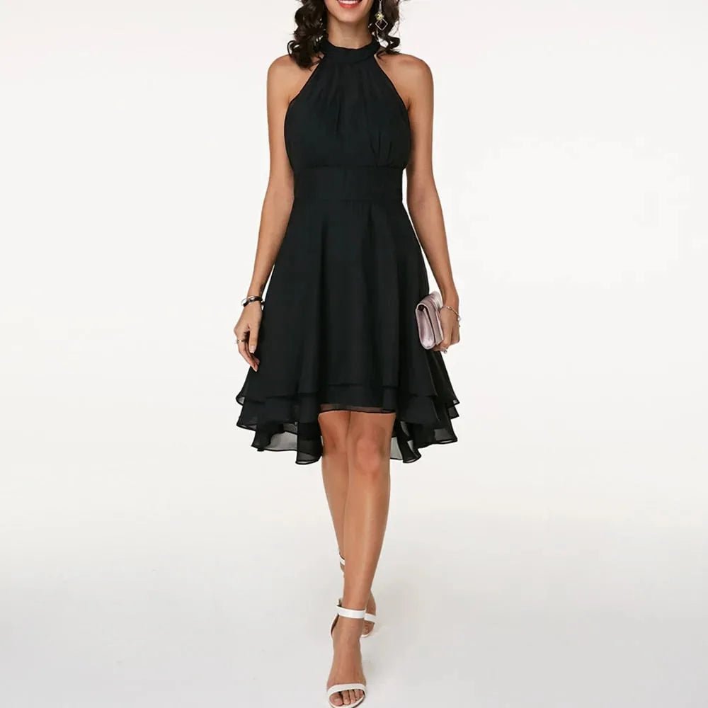 Penelope | Elegant Halter Neck Tiered Dress - Black - 4
