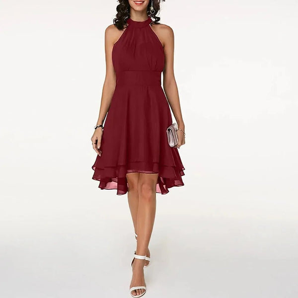 Penelope | Elegant Halter Neck Tiered Dress - Burgundy - 1