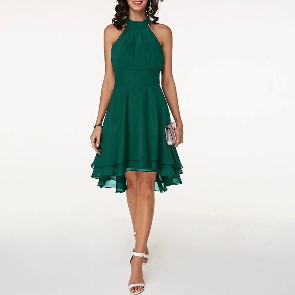 Penelope | Elegant Halter Neck Tiered Dress - Green - 6