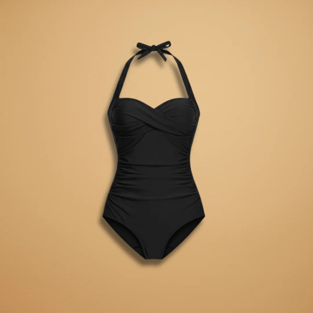 Black Elegant Halter Women's One-Piece Swimsuit with Pleats - Flat Lay