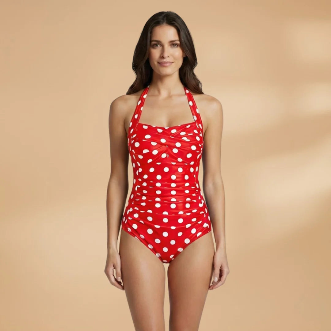 Red Elegant Halter Women's One-Piece Swimsuit with Pleats - Dot Pattern Front