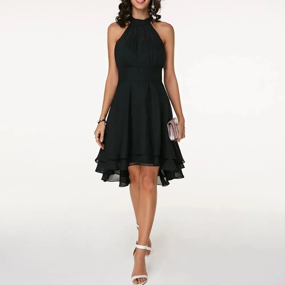 Black Women's Halter Ruffle Midi Dress — Laurel Tiered Cocktail Party - Studio Pose